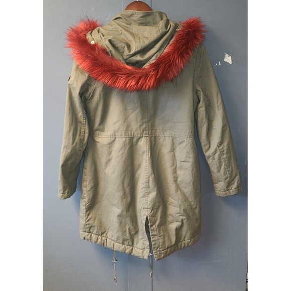 Venus Women's Hooded Winter Coat Sz 6 red Faux fur green military style Full zip - Picture 3 of 9